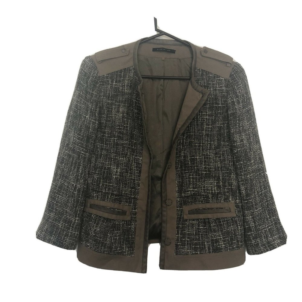 Elie Tahari Tan Gray White Woven Structured Blazer Jacket Size 4 Leather Trim